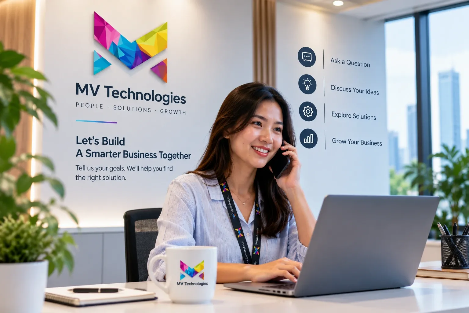 MV Technologies team member on a call at her desk, beneath a wall reading "Let's Build A Smarter Business Together — Tell us your goals, we'll help you find the right solution"